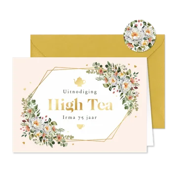 Uitnodiging high tea klassiek bloemen goud hartjes